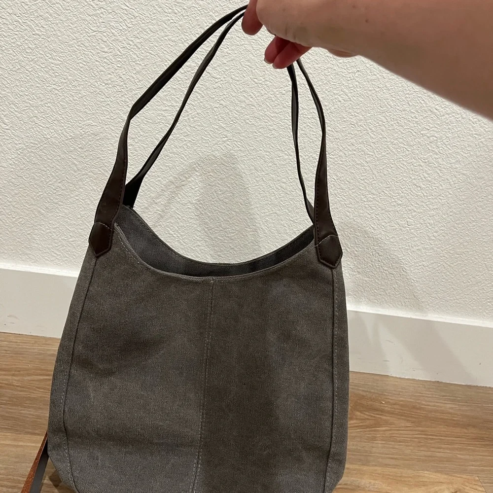 Canvas Hobo Bag in Gray with Leather Trim